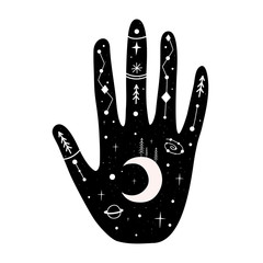 Vector illustration with human hand, crescent, pine trees, saturn, stars.