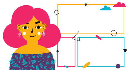 Young woman with modern pink hair and template areas for your text. Vector illustration flat design with clouds and abstract geometric elements.