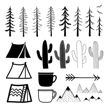 Vector set with pine trees and spruces, tourist tents, cups, doodle mountains, cactuses, birds and arrow. Collection for travel outdoor compositions