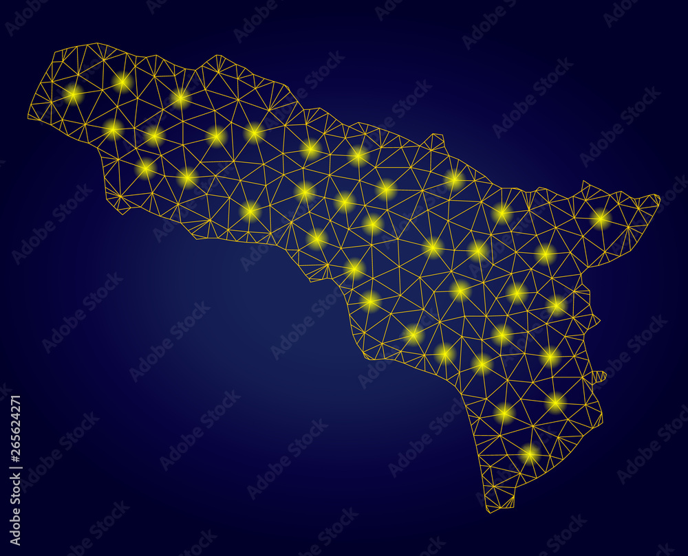 Poster yellow mesh vector abkhazia map with flare effect on a dark blue gradiented background. abstract lin