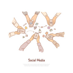 Obraz premium Friends chatting, online interactions, hands holding smartphones, internet communication network banner