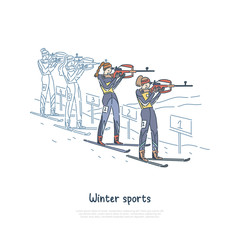 Biathlon race, winter seasonal sport participants, professional sportswoman skiing, shooting banner template
