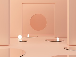 3d rendering, abstract cosmetic background. Show a product. Empty scene with cylinder mirror and spherical lights  in the floor. Pastel cream minimal wall. Fashion showcase, display case, shopfront. 