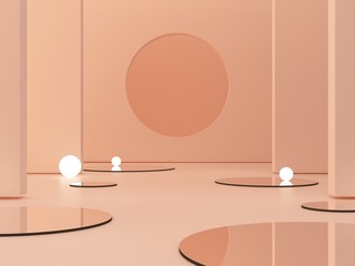 3d rendering, abstract cosmetic background. Show a product. Empty scene with cylinder mirror and spherical lights  in the floor. Pastel cream minimal wall. Fashion showcase, display case, shopfront. 