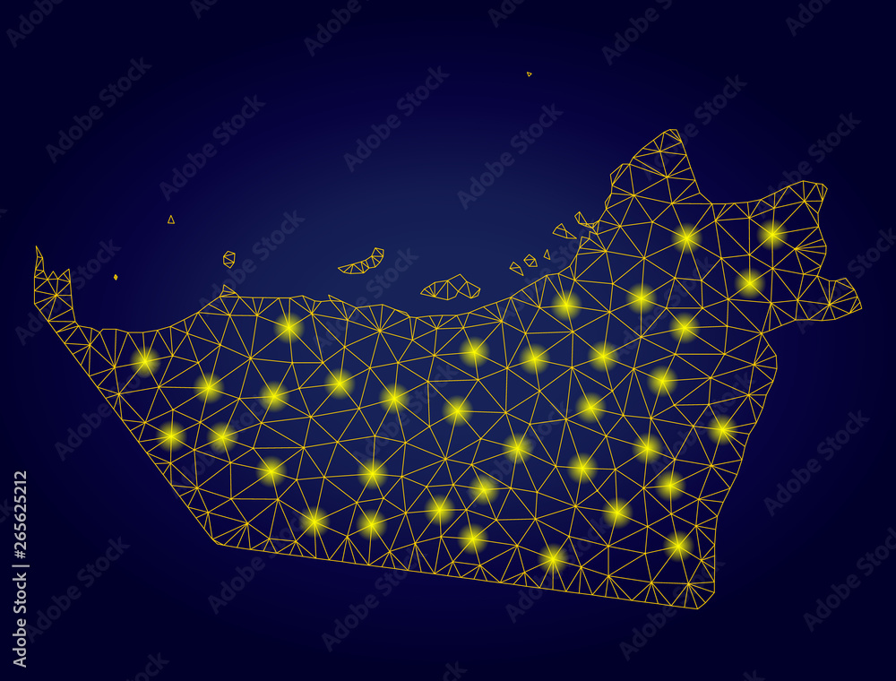 Aufkleber yellow mesh vector abu dhabi emirate map with glare effect on a dark blue gradiented background. abs
