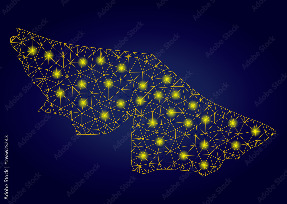 Poster yellow mesh vector acre state map with glare effect on a dark blue gradiented background. abstract l
