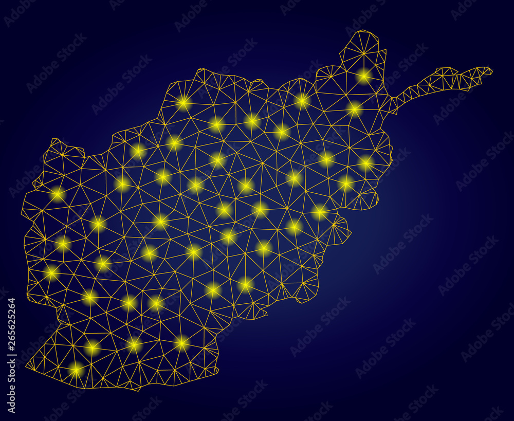 Poster yellow mesh vector afghanistan map with glow effect on a dark blue gradiented background. abstract l