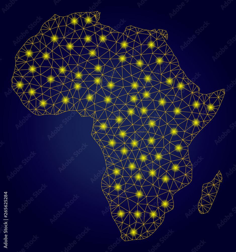 Poster yellow mesh vector africa map with glare effect on a dark blue gradiented background. abstract lines