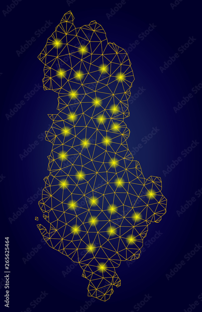 Poster yellow mesh vector albania map with glare effect on a dark blue gradiented background. abstract line