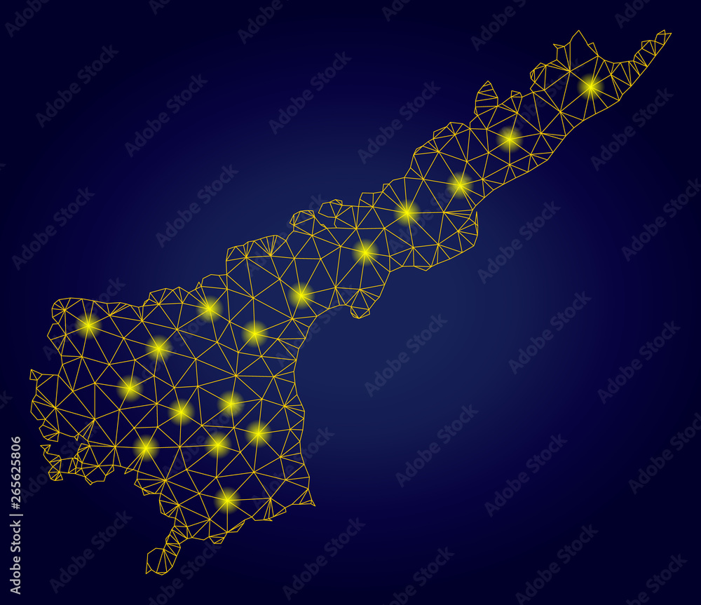 Poster yellow mesh vector andhra pradesh state map with glare effect on a dark blue gradiented background. 
