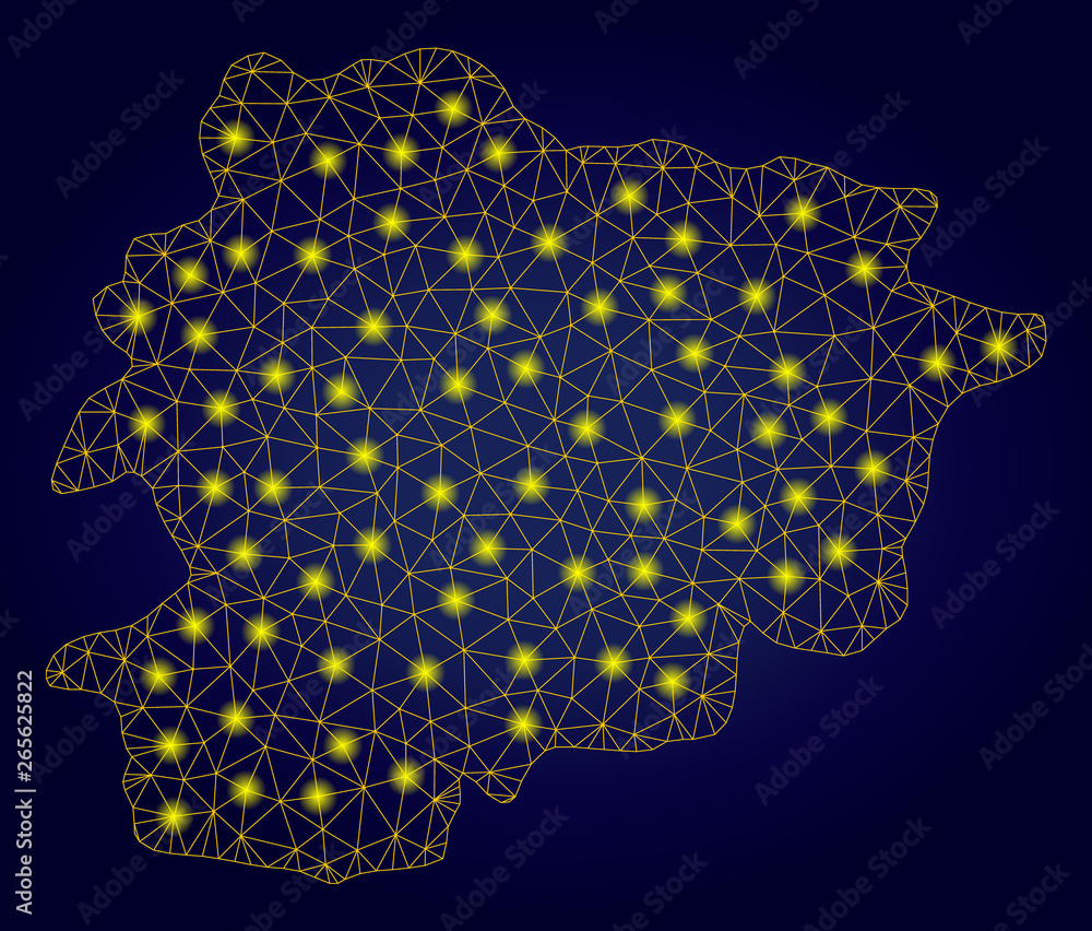Poster yellow mesh vector andorra map with glow effect on a dark blue gradiented background. abstract lines