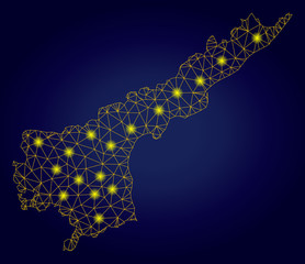 Yellow mesh vector Andhra Pradesh State map with glare effect on a dark blue gradiented background. Abstract lines, light spots and spheric points form Andhra Pradesh State map constellation.