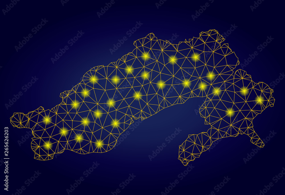 Poster yellow mesh vector arunachal pradesh state map with flare effect on a dark blue gradiented backgroun