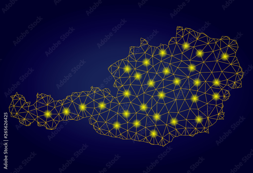 Poster yellow mesh vector austria map with glare effect on a dark blue gradiented background. abstract line
