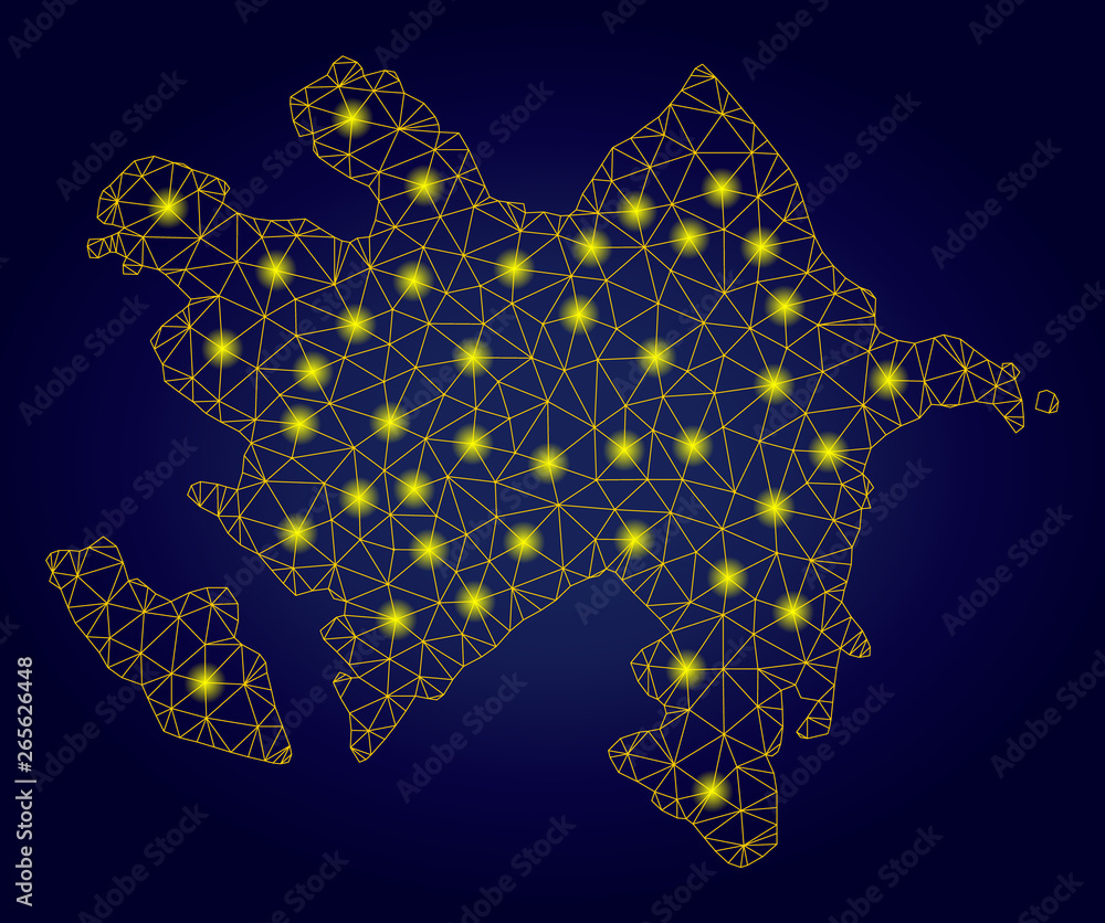 Poster yellow mesh vector azerbaijan map with glare effect on a dark blue gradiented background. abstract l