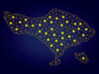 Yellow mesh vector Bali map with glare effect on a dark blue gradiented background. Abstract lines, light spots and dots form Bali map constellation.