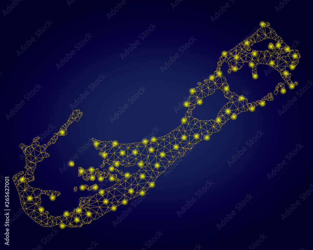 Poster yellow mesh vector bermuda island map with glare effect on a dark blue gradiented background. abstra