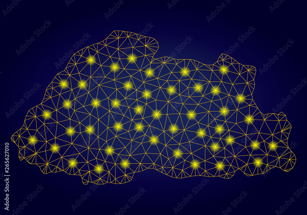 Poster yellow mesh vector bhutan map with glare effect on a dark blue gradiented background. abstract lines