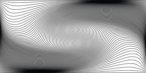 Wave monochrome background. Simple linear halftone  texture. Vector black & white background. Abstract dynamical rippled surface. Visual  3D effect. Illusion of movement.