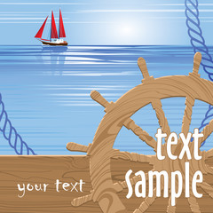 Marine background with a steering wheel and sailboat. © Tetiana