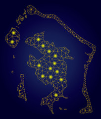 Yellow mesh vector Bora-Bora map with glare effect on a dark blue gradiented background. Abstract lines, light spots and points form Bora-Bora map constellation. - obrazy, fototapety, plakaty