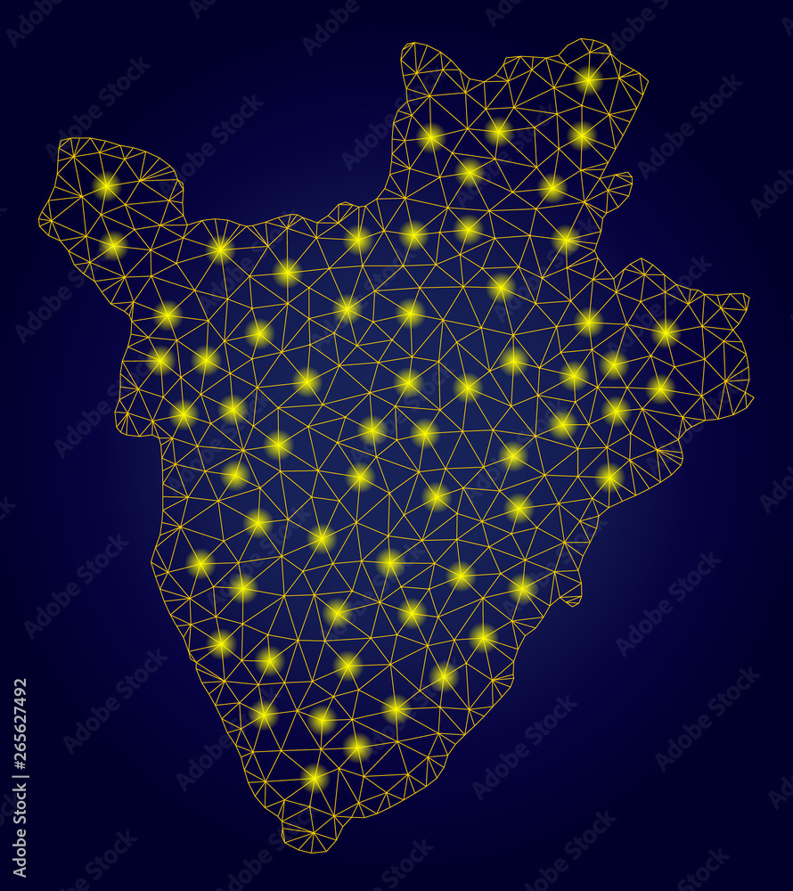 Poster yellow mesh vector burundi map with glare effect on a dark blue gradiented background. abstract line