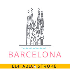 Barcelona, Spain, Temple of The Sagrada Familia. Easy editable stroke line icon.