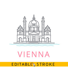 Vienna Austria, Karlskirche St. Charles Church. Easy editable stroke line icon.