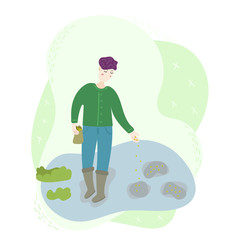 A man farmer happy worker sowing seeds in a soil on the field. Season agriculture harvest work scene. Isolated flat trendy cartoon funny modern style Illustration on white background.