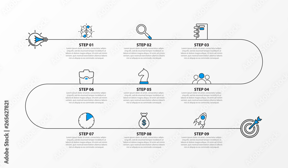 Wall mural infographic design template. timeline concept with 9 steps