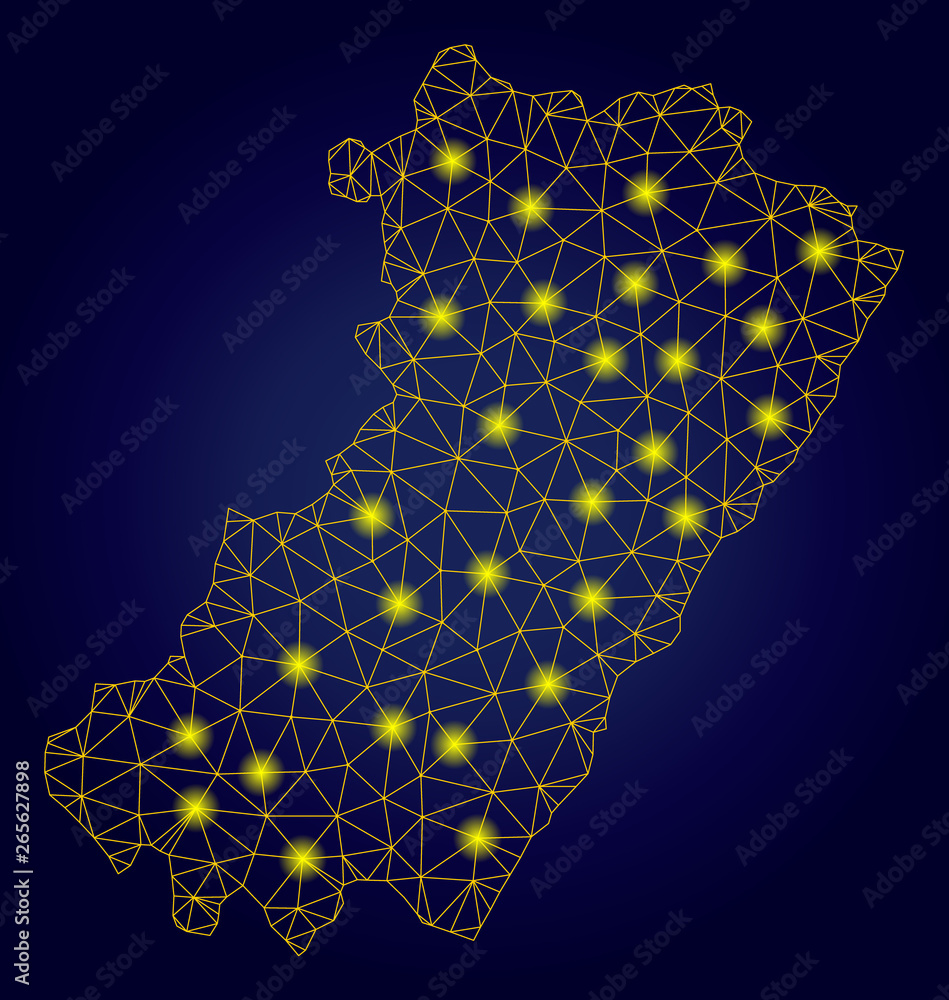 Poster yellow mesh vector castellon province map with glow effect on a dark blue gradiented background. abs