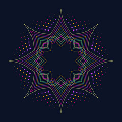 Neon lotus flower icon on dark blue background, logo design, modern print design, round decorative border frame, linear art pattern