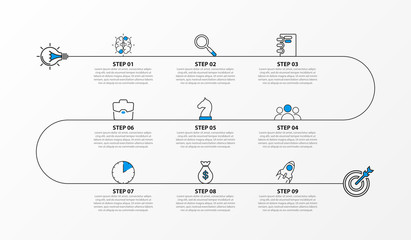 Infographic design template. Timeline concept with 9 steps