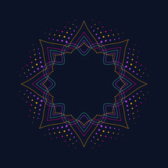 Neon lotus flower icon on dark blue background, logo design, modern print design, round decorative border frame, linear art pattern