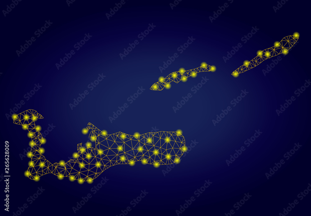 Poster yellow mesh vector cayman islands map with glare effect on a dark blue gradiented background. abstra