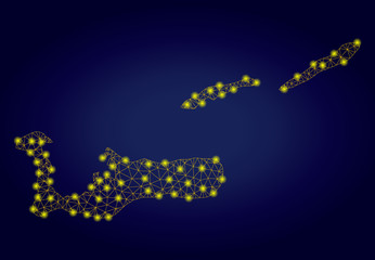 Yellow mesh vector Cayman Islands map with glare effect on a dark blue gradiented background. Abstract lines, light spots and points form Cayman Islands map constellation.