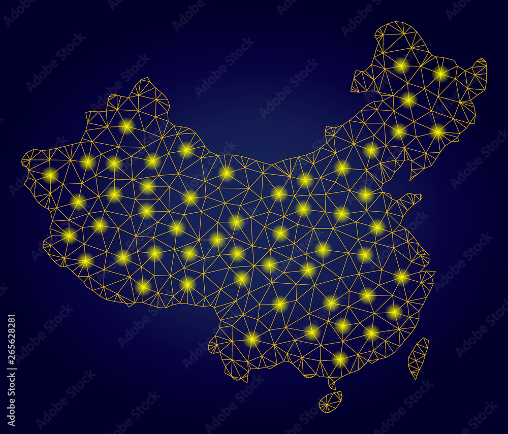 Poster yellow mesh vector china map with glare effect on a dark blue gradiented background. abstract lines,