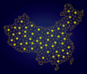 Yellow mesh vector China map with glare effect on a dark blue gradiented background. Abstract lines, light spots and points form China map constellation.