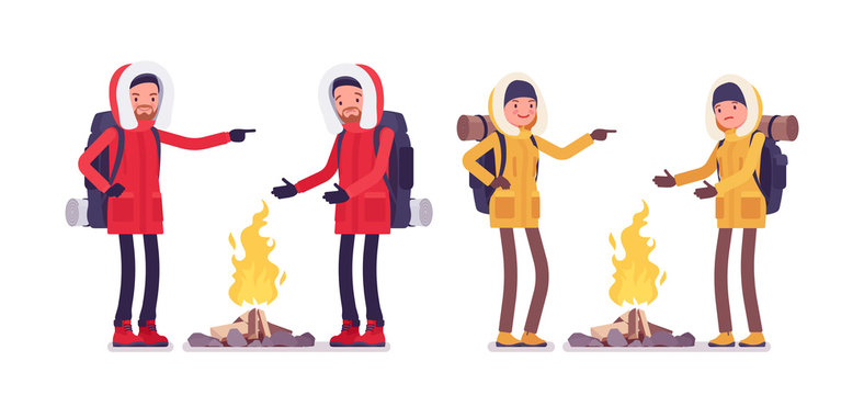 Winter hiking man enjoy outdoor camp activity near fire. Male tourist with backpacking gear in bright jacket, professional footwear. Vector flat style cartoon illustration isolated on white background