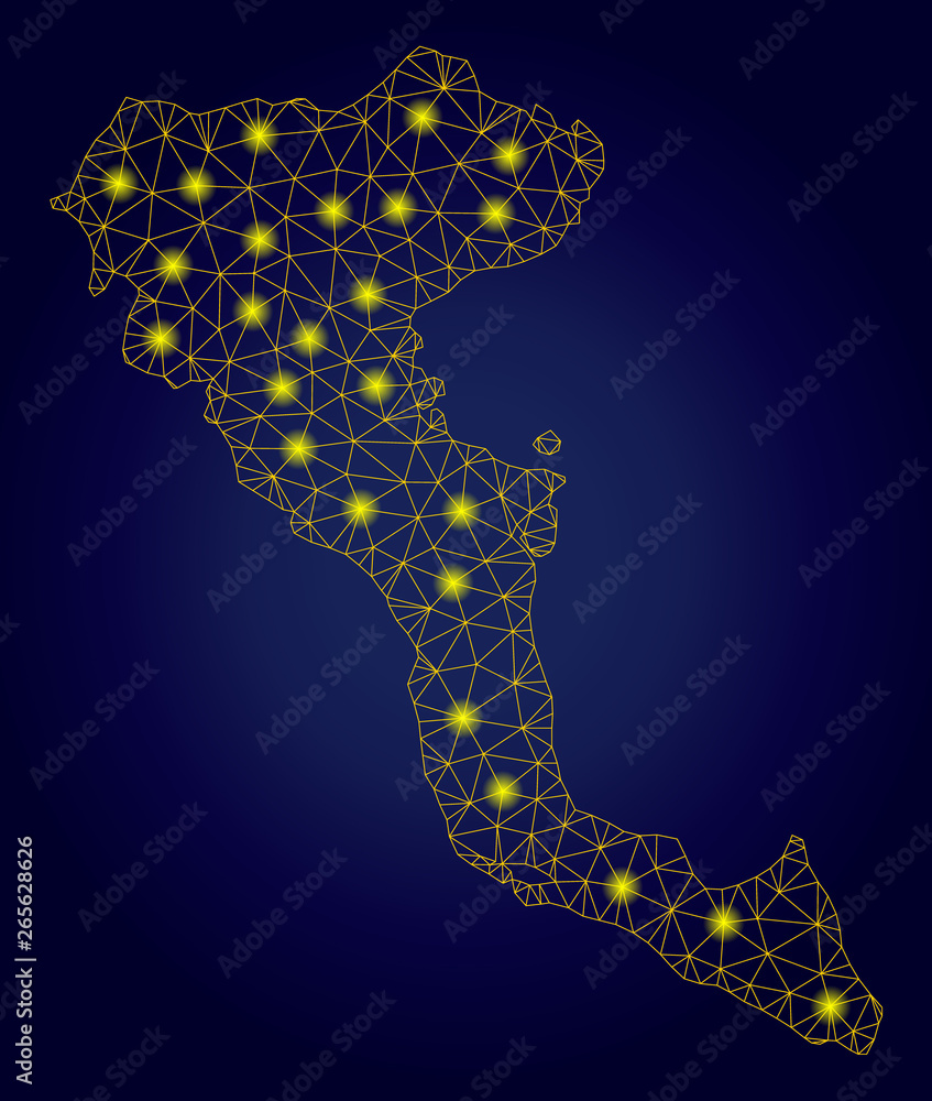 Poster yellow mesh vector corfu island map with glare effect on a dark blue gradiented background. abstract