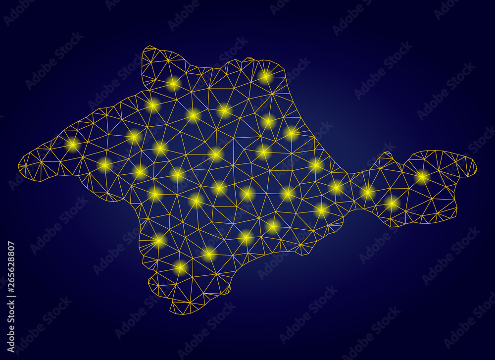 Poster yellow mesh vector crimea map with flare effect on a dark blue gradiented background. abstract lines