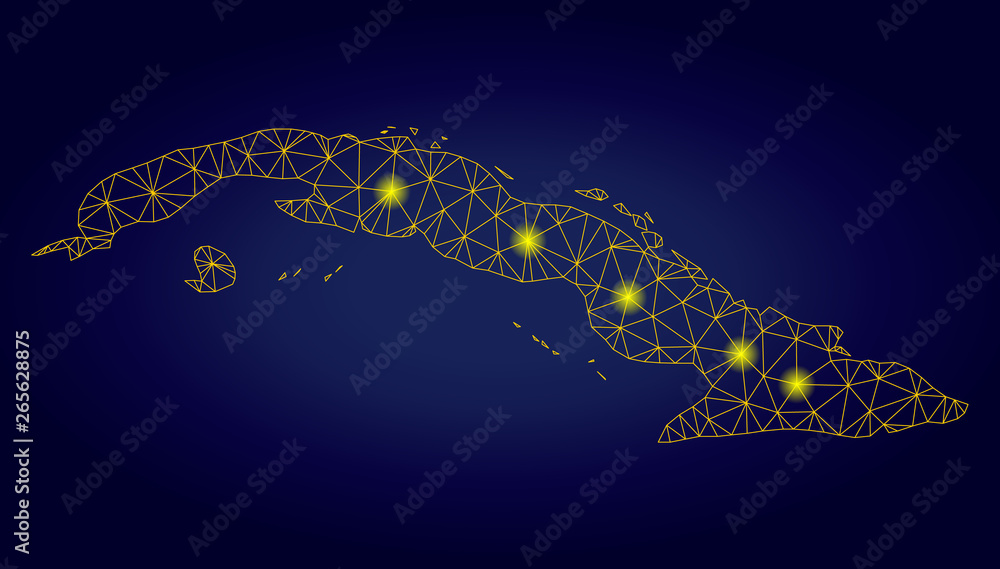 Poster yellow mesh vector cuba map with glow effect on a dark blue gradiented background. abstract lines, l