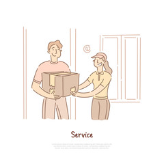 Delivery, shipping service, courier holding parcel, cardboard box, man moving house banner template