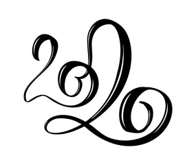 Hand drawn vector lettering calligraphy black number text 2020. Happy New Year greeting card. Vintage Christmas illustration design