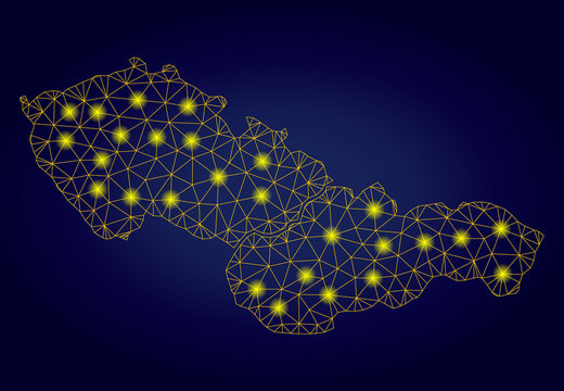 Yellow mesh vector Czechoslovakia map with glare effect on a dark blue gradiented background. Abstract lines, light spots and small circles form Czechoslovakia map constellation.