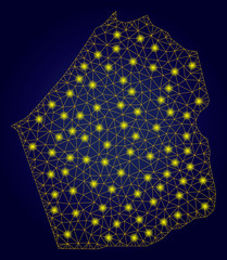 Yellow mesh vector Dubai Emirate map with glare effect on a dark blue gradiented background. Abstract lines, light spots and dots form Dubai Emirate map constellation.