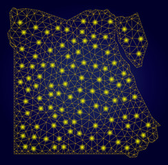 Yellow mesh vector Egypt map with glare effect on a dark blue gradiented background. Abstract lines, light spots and circle dots form Egypt map constellation.