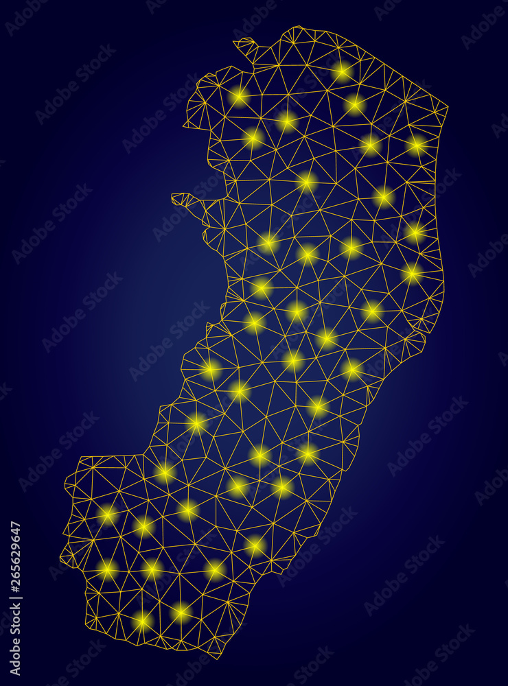 Poster yellow mesh vector espirito santo state map with glare effect on a dark blue gradiented background. 