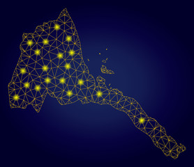 Yellow mesh vector Eritrea map with glare effect on a dark blue gradiented background. Abstract lines, light spots and circle dots form Eritrea map constellation.
