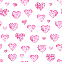 Watercolor pattern with hearts. Aquarelle romantic hand made background for fabric print. Hand painted